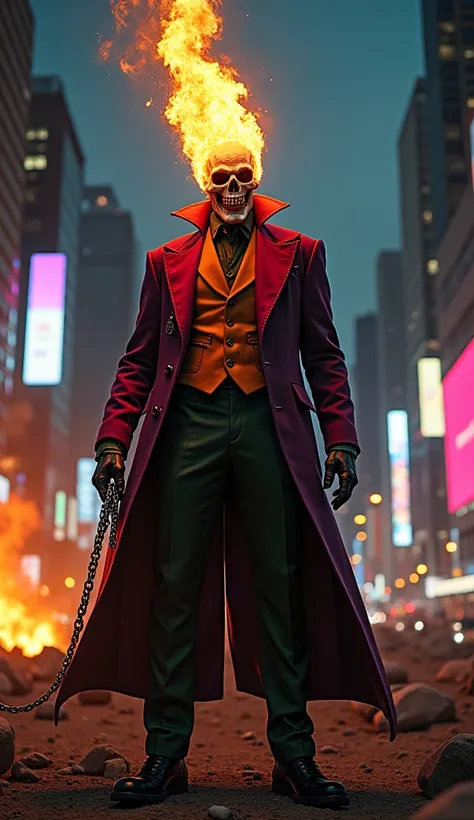 a hybrid fusion between the joker and the ghost rider, skull head on fire with an evil smile, skull body glowing, only the joker's overcoat, holding a silver chain, in an illuminated city, buildings with colorful billboards, at night, 4k, destroyed ground,...