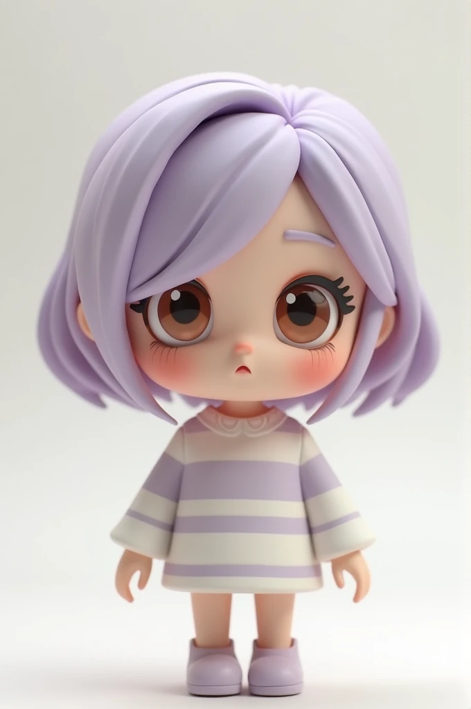 Cute chibi cartoon girl, shy and sweet expressive look and expressive pose, with light lilac short side-swept hair, pale skin, big light brown eyes, long sleeved blouse with wide white and light lilac stripes, depth of field, blanc background. Hyper realis...