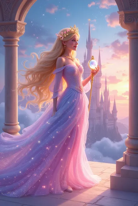 Create a semi-realistic, cartoon style, character design, super detailed, fantasy-inspired with high attention to detail of A breathtaking depiction of Aurora, the Dream Weaver, standing elegantly on a grand balcony that seems suspended in a dream. Her flo...