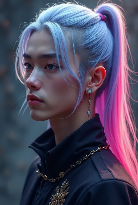 A handsome guy with mullet wolf cut with long hair tied up. His hair color mixed of red, violet, black, white and pink at the base and bluish white at the top