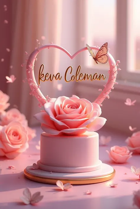 A captivating high-definition 3D rendering of a whimsical romantic scene, featuring a delicate pink rose atop a pedestal. The rose is surrounded by a beautifully crafted heart displaying the name "keva Coleman" in elegant gold script. A gracefully flutteri...