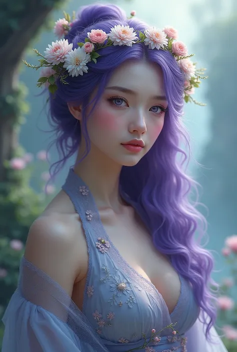 Woman with curly purple hair with a wreath of flowers, violet eyes, Dressed as a priestess of China