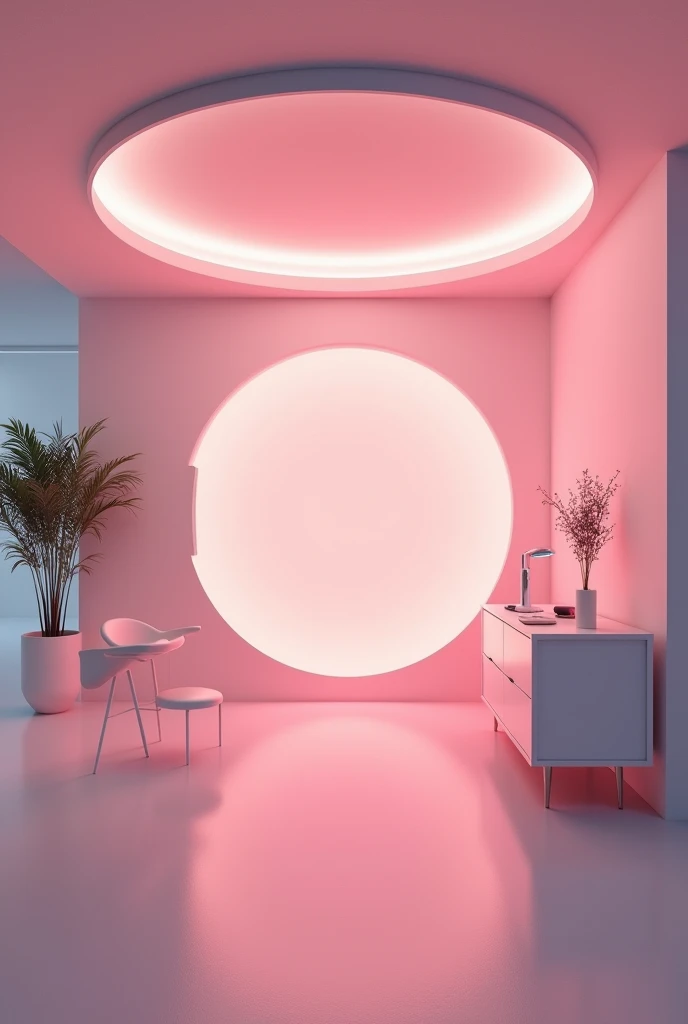 A pink office with a ring of light.  without people