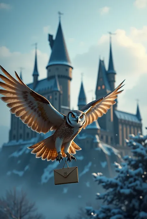 Harry Potter owl flying at Hogwarts during winter on a snowy day