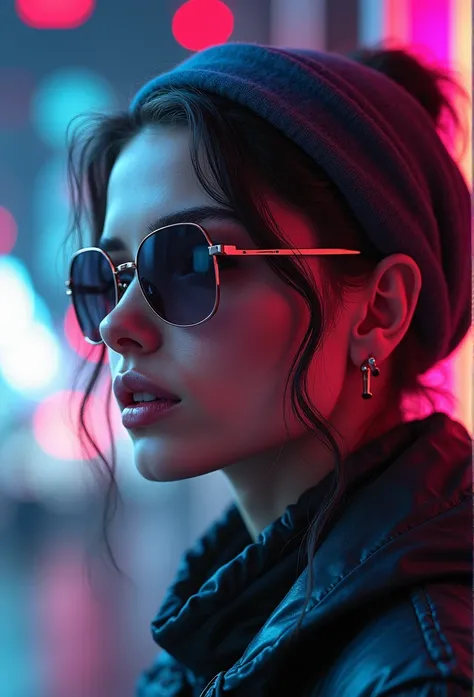 a woman with sunglasses and a headband in front of a futuristic background, 8k stunning artwork, beautiful cyberpunk girl face, cyberpunk eye wear, the cyberpunk girl portrait, cyberpunk beautiful girl, digital artwork 4 k, dreamy cyberpunk girl, beautiful...