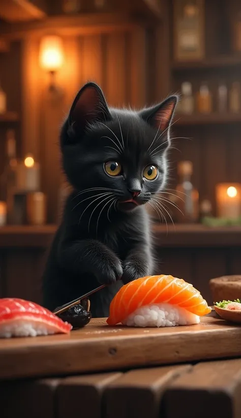 Holding sushi仔猫　Background Tavern 　Kitten standing 　Black kitten cutting sashimi in a 　Holding sushi