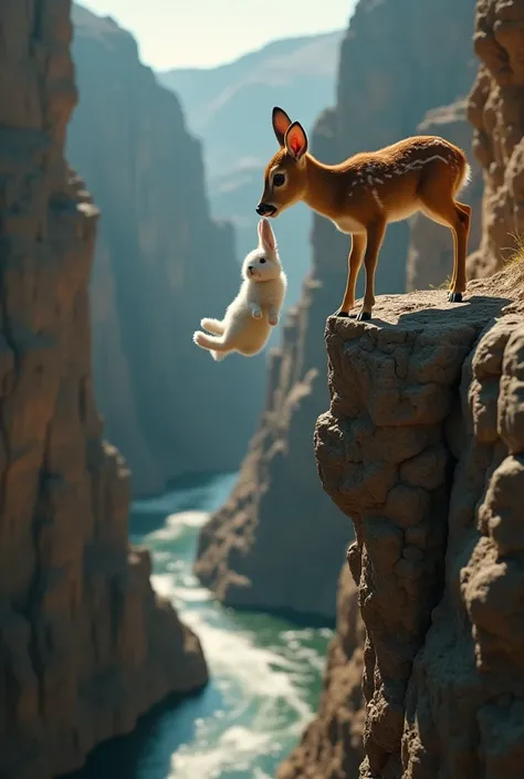 "A highly realistic scene set in a deep canyon. A fawn (young deer) is standing at the edge of a rocky cliff, using its mouth to grip the front legs of a white rabbit that is dangling in mid-air. The fawn's expression shows determination and urgency, while...