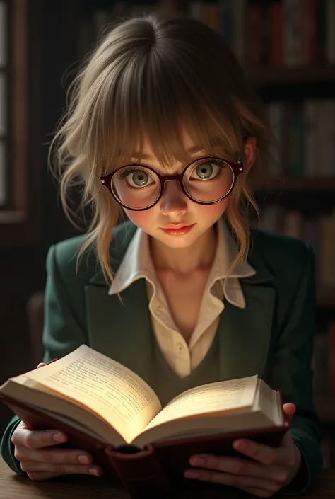 One with glasses ,  reading a book, light brunette,  dark blond hair,  a fleshy mouth and a fringe 