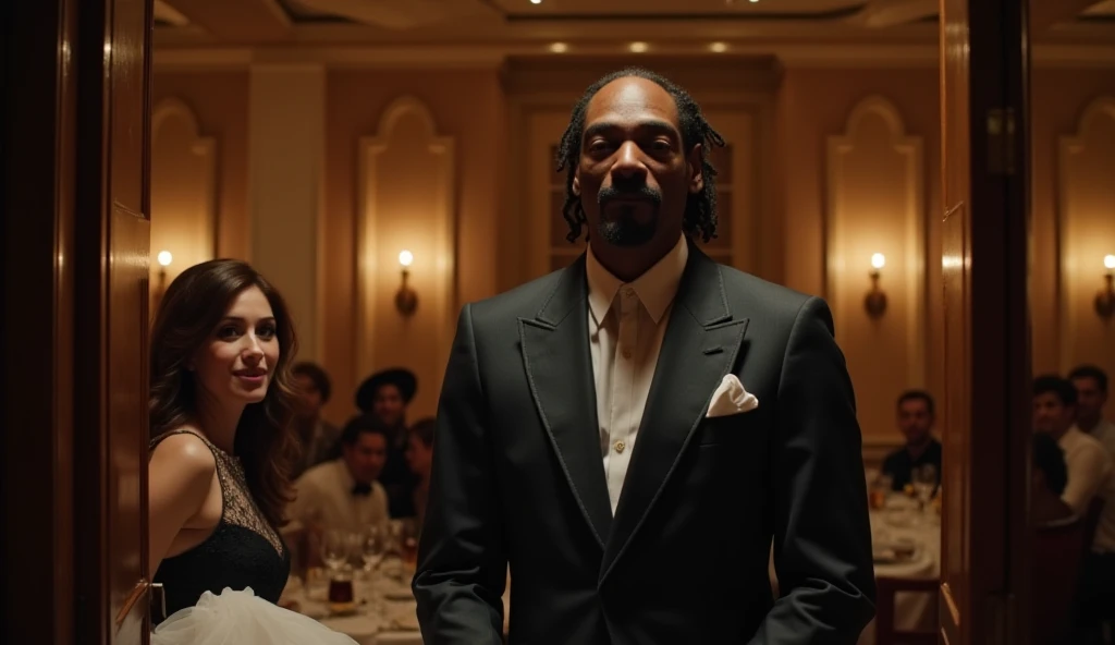 "Snoop Dogg in a sharp suit standing confidently at the entrance of the same luxurious restaurant, addressing embarrassed staff and patrons, with a spotlight on the kind woman smiling in the background."