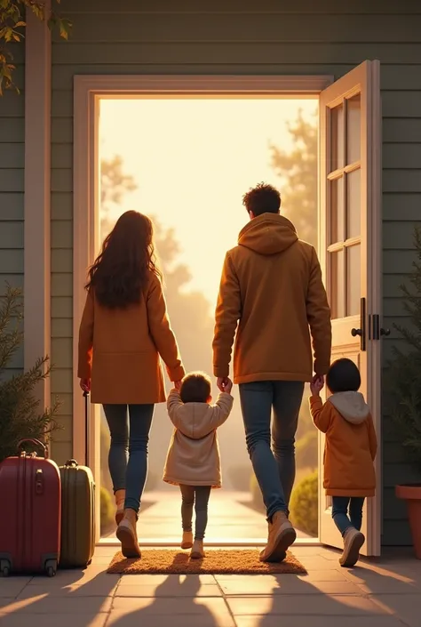 Create an image of a young family entering their new home; the family consists of their parents and two young ren
horizontally