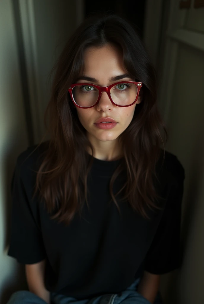 The image must be both sober and full of mystery , with a relaxing atmosphere. A girl, slightly long dark brown hair,  green eyes, black top ,  jeans ,  perfect lips cheekbones, perfect cheekbones perfect skin,  red glasses, 