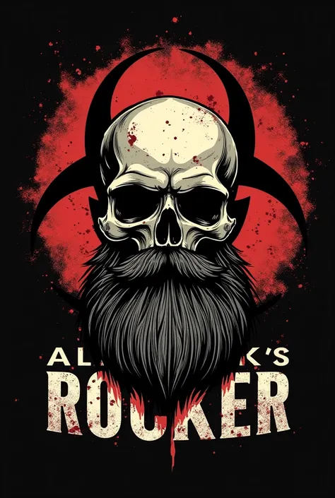 Create me an image with the sign of biohazard in the background, About that a skull with a big beard and underneath say with rock letters say Alek's Rocker to be like a personal logo