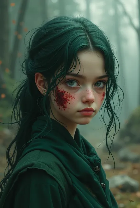 Create a girl of about  with dark moss green hair , gray eyes, light skin, Of 172,  Soid went to the , And that he is on a fanciful battlefield with wolves and dragons. The girl has blood on her face and a diagonal cut from her left eyebrow to her lower ri...