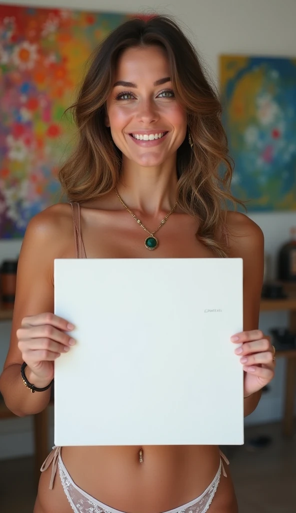 woman with huge tits and a necklace with well-groomed hands holds a white 15 by 15 cm square painting with the signature "L.Frenz Art" , in front of her private parts, smiles, high resolution, best quality, high details, UHD, looking at the viewer in a mod...