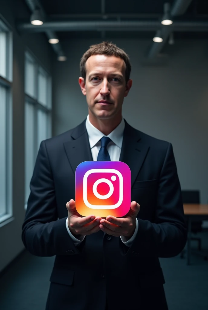 I need you to generate an image of Mark Zunckerberg holding the Instagram icon as if it were an object 