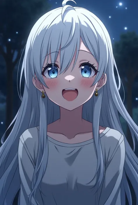 An anime character with long silver hair , She has blue eyes kind of seriously , I want her to be laughing in this scene ,  she's pretty and has earrings , Besides I said I want her to seem like a bit of an unfriendly person ,  with long eyelashes  , It's ...