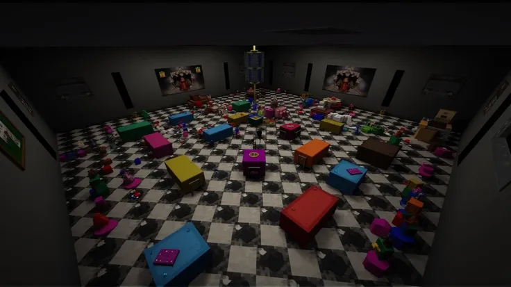  The perspective is of a security camera ,  looking down at a large and colorful party room .
**scenario:**
* **Party room :**  The main focus is a large party room with a black and white plaid floor .  The room is filled with several party tables with dif...