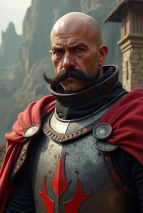 Create a shot of a bald knight with a straight mustache that has red elements for armor 