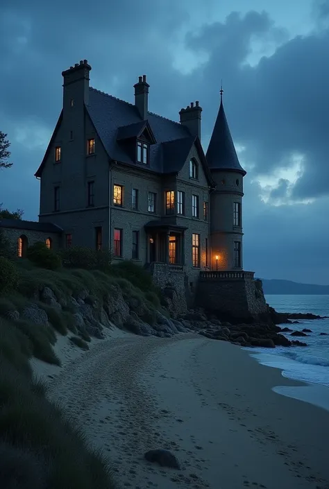 Crée une grande maison étrange de sorcière dans le style français du 17ème siècle. Elle se situe seule au bord de la plage, on voit l'océan au loin et c'est la nuit. La maison est située en France, en bretagne plus exactement. On peut voir de la fumée sort...