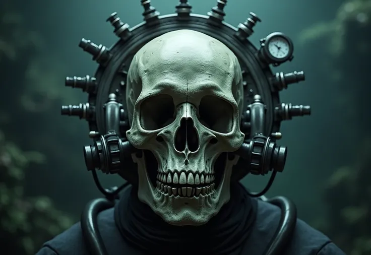 Skull with closed circuit diving equipment