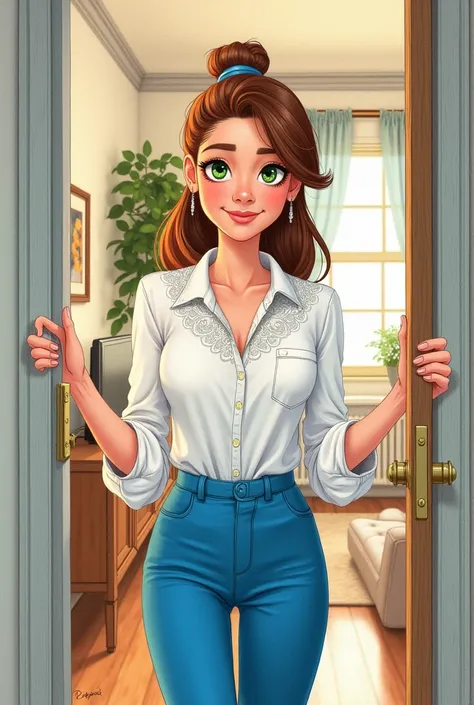  A drawing by Ana,  A 30-year-old woman ,  hair in the permanent hairstyle,  Green Eyes Pants,  white blouse, blue pants, Ana invites her in and shows her the house