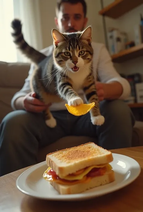 Scene 1: Living room]
The owner holds a plate with a sandwich, sitting on the couch.
The cute cat stares intently at the sandwich from the floor, tail flicking in anticipation.

[Scene 2: Cat POV]
The camera zooms in on the sandwich dramatically, with inte...