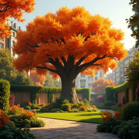 Tree, garden, orange leaves, London