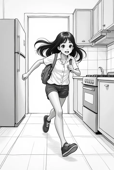 a cute girl with long hair in a neat white shirt and a bag ran hastily in front of the refrigerator using a manga sketch style
