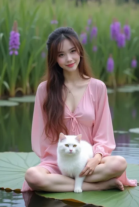 Beautiful woman cute face,  Long hair unraveled ,  big boobs,  wearing simple pink kebaya ,  sitting on floating leaves in lake , with white cat ,  background of long grass and flowers of beautiful purple color,