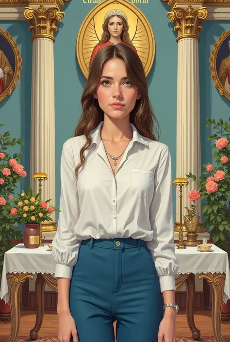 A drawing by Ana,  A 30-year-old woman ,  hair in the permanent hairstyle,  Green Eyes Pants,  white blouse, blue pants, Show the room for Our Lady of Graces