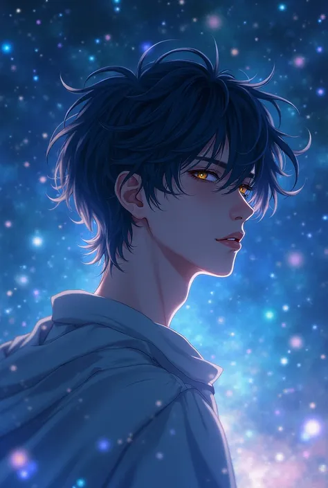 An austhetic anime boy in dark blue starry night environment 