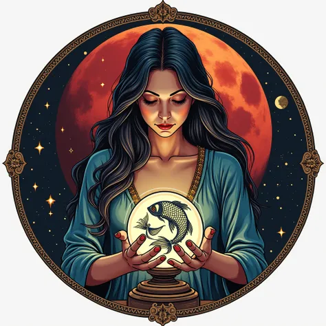 The logo is circular, a woman is horoscoping, with a picture of Mars with a double fish in the background.