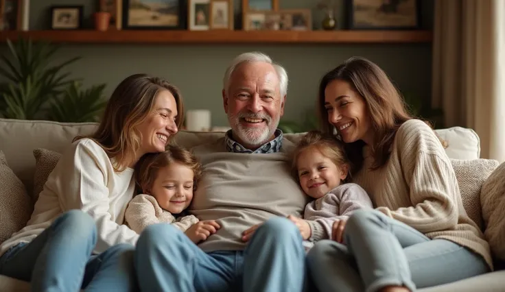 a calm and happy middle-aged man in his home with his family