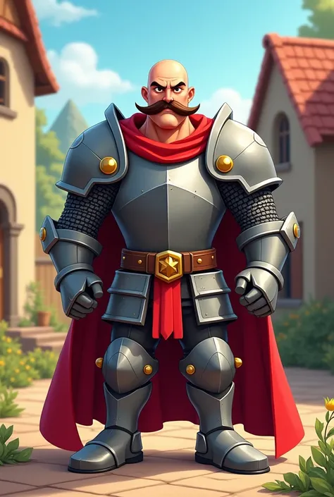 Create a bald knight with a brown mustache in cartoon style and it is supposed to have not too many red elements for armor 