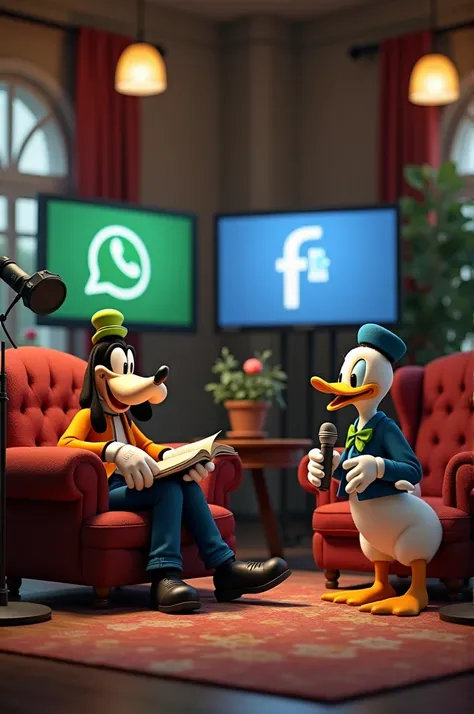 A podcast recording studio with a television camera and several microphones. In the living room, there are two elegantly upholstered armchairs. Goofy is sitting on one of the couches, holding a book. Daffy Duck is standing near the couch and holding a micr...