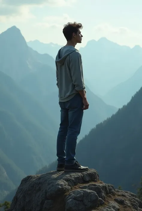 A dramatic mountain scene, with the young man standing on a large rock, gazing blankly ahead. His posture is rigid, his eyes fixed on a distant point, indicating his emotional and mental detachment after receiving God's love.
