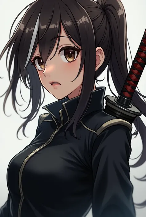  16-year-old girl with dark brown hair with white highlights,  dark brown eyes , Wear a modern black uniform just like the One Piece. She is similar to Hanji from AOT and wears a katana