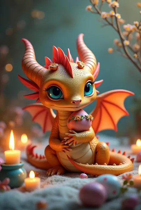 Prompt :

Une scène fantaisiste mettant en scène un adorable bébé dragon aux écailles colorées, orné d'une couronne de fleurs et de petites cornes. Le dragon a de grands yeux bleus expressifs et de petites ailes délicates aux tons arc-en-ciel. Il est assis...