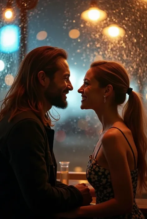 Happy Couple,  BRUNETTE MAN WITH LONG BROWN HAIR , smooth,  BLONDE woman with her hair TIED ,  both inside a coffee shop at night , facing each other,  the image is seen from outside to inside ,  it's raining OUTSIDE and the coffee shop glass is blurry, Fi...