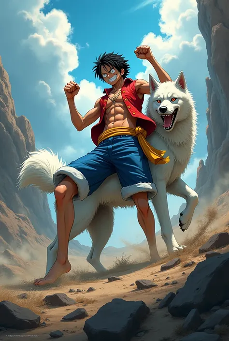 One piece monkey d fighting along side white shiro dog