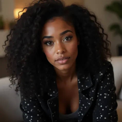   25-year-old black woman super long curly black hair  , black eyes freckles on the face a moist base  ,  A light blush and a touch of highlighter .  Use neutral eyeshadows and a tinted lip balm for a fresh look. Soft, smoky eyes :  Use soft browns and gra...