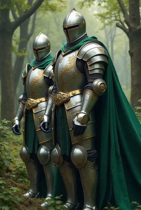 Knights in silver armor, ornata in oro.  Full face helmet with long emerald green cape. Wooded background