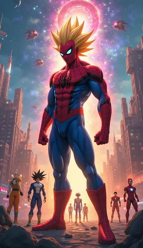 "Create an image of a giant [hybrid] character combining [Spiderman] and [Goku], with a blend of their iconic features. The hybrid should have spiderman spiky hair and powerful aura, combined with goku suit design and web-shooters. The character should app...