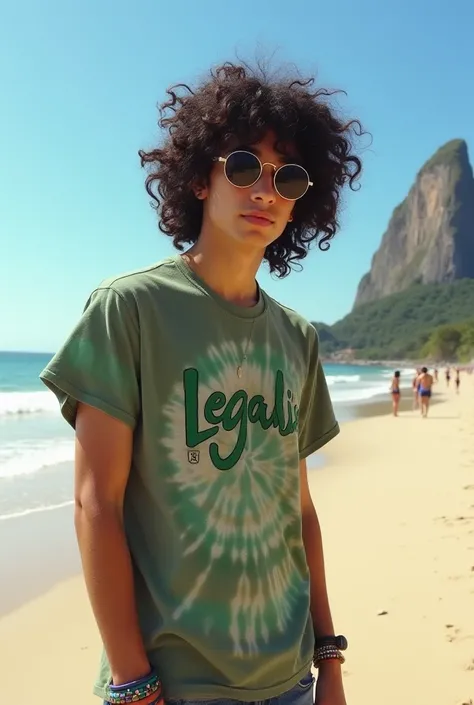 man, Young, 1,90m, Looking like Joe Ramone . Very thin.  tanned skin.  curly black hair up to shoulder height .  he is weird and friendly . Wear round sunglasses 
.  wears a tie-dye t-shirt with the word Legalize written in green.  wears ripped jeans at th...