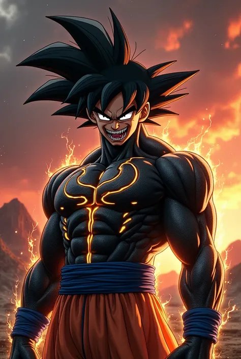 " A hybrid character that mixes Goku and Venom ,  representing the fusion between Saiyan power and the alien symbiote .  He has spiky hair similar to that of Goku ,  but with a black and viscous texture ,  covered by the shiny veins of the symbiote .  His ...