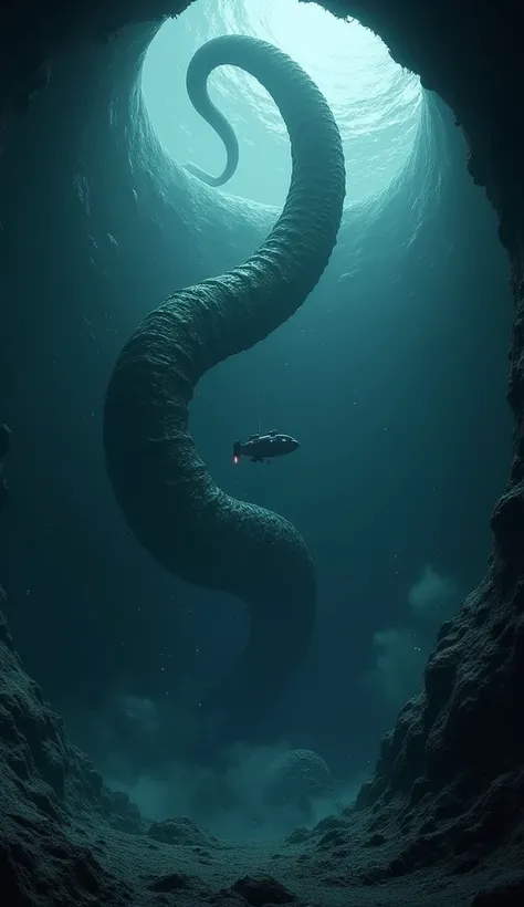 (highres, ultra-detailed, 4K) A lone, giant tentacle of a sea monster appears from the giant sink hole with deep water submarine floating above. A small LED flickers on the submarine's top. 