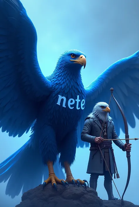 A blue-toned eagle with a large "METE" written on it next to an archer male eagle