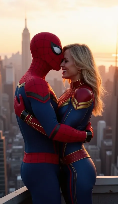 "Spider-Man and Captain Marvel sharing a warm and uplifting hug on a rooftop in New York City, after a victorious battle. Spider-Man, in his red and blue suit, smiles beneath his mask, while Captain Marvel, in her red, blue, and gold suit, embraces him wit...