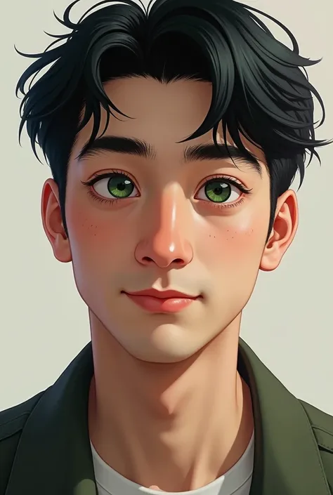 a realistic man, with short black fluffy hair, forest green eyes, with dark circles, thin pink lips, the tip of the nose round, a slightly square jaw, little freckles on the cheeks