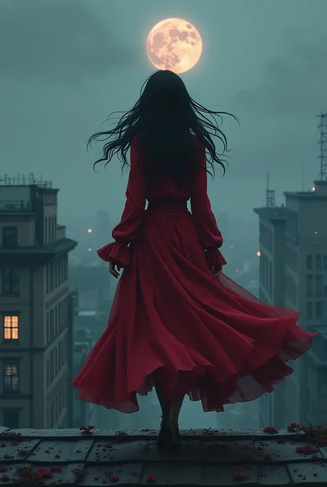 A 25 year old boy and her hair colour is black walking on a building roof and show her closser look and she is looking creepy and angry and she wearing long red court and full picture anime style and cinematic.